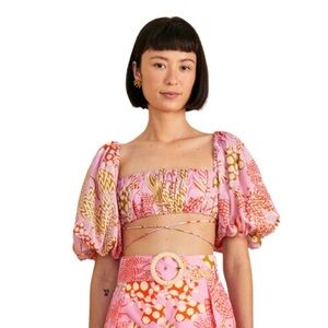 FARM RIO Mixed Lobster Print Puff Balloon Sleeve Tie Waist Balconette Crop Top